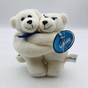 Hugging white Bear Plush Toy w/blue/pink Bow Set Stuffed Animal Detachable 4.5”